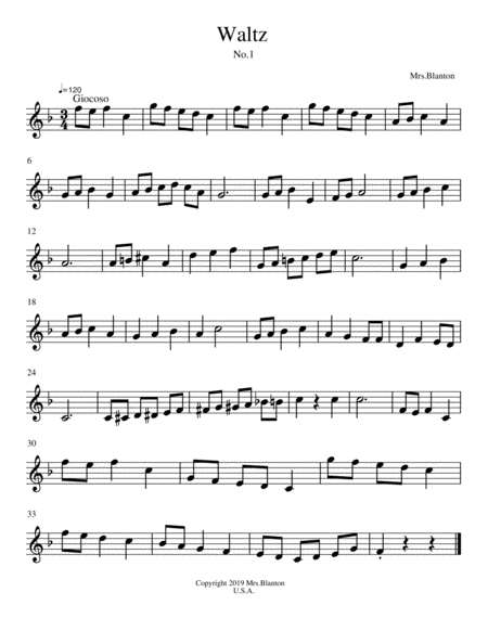 Free Sheet Music Waltz No 1 Unaccompanied Recorder Solo