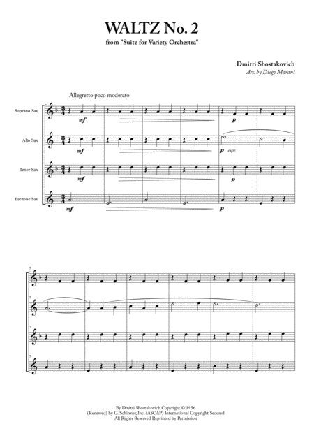 Waltz No 2 For Saxophone Quartet Sheet Music