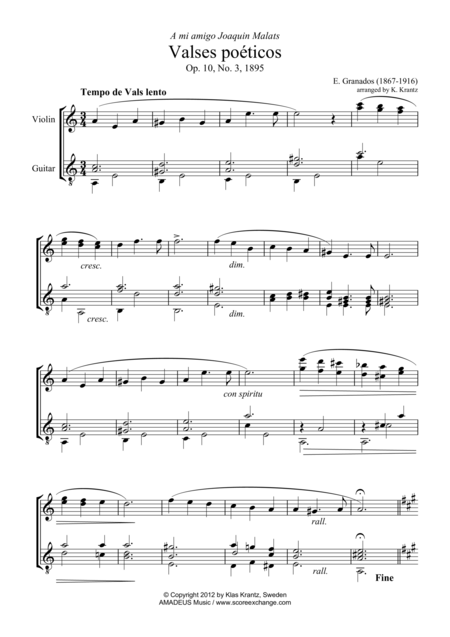 Free Sheet Music Waltz No 3 From Valses Poeticos For Violin And Guitar