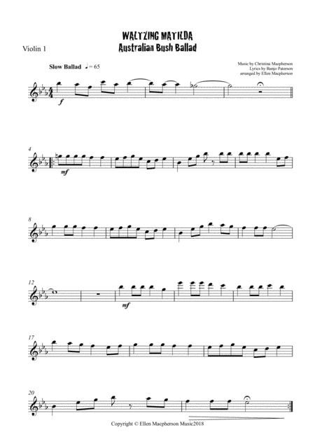 Waltzing Matilda String Quintet All Parts Sheet Music