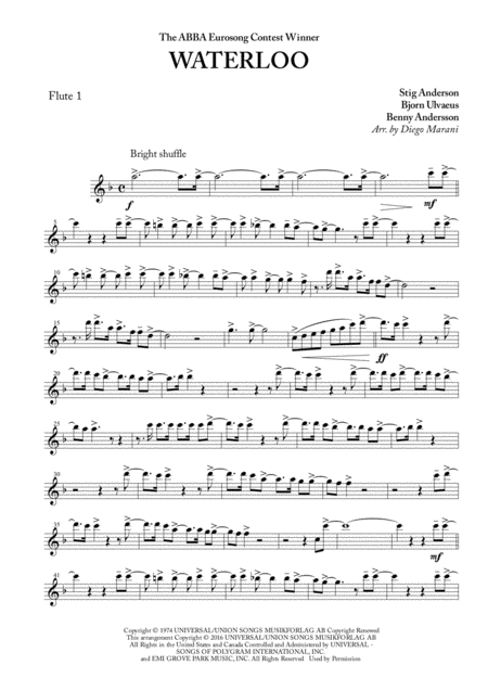 Waterloo By Abba For Flute Quartet Sheet Music