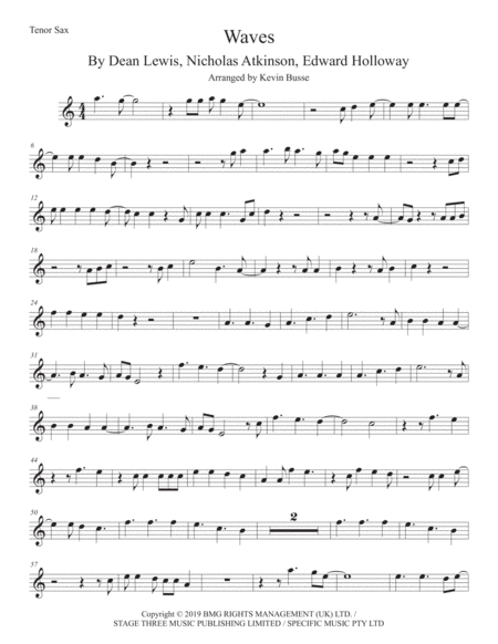 Waves Tenor Sax Easy Key Of C Sheet Music