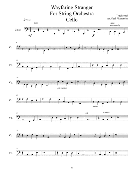 Wayfaring Stranger For String Orchestra Cello Arr Neal Fitzpatrick Sheet Music