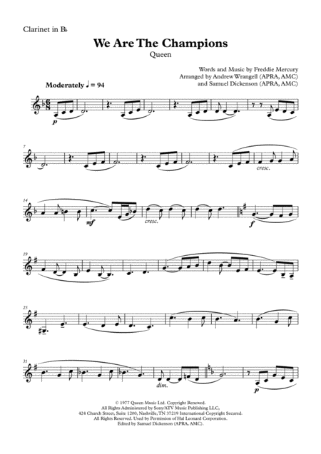Free Sheet Music We Are The Champions Clarinet In B Flat