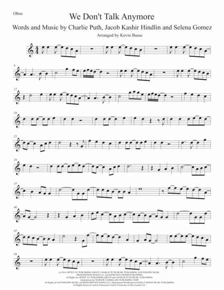 We Dont Talk Anymore Easy Key Of C Oboe Sheet Music