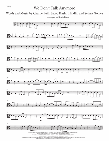 We Dont Talk Anymore Easy Key Of C Viola Sheet Music