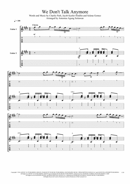 We Dont Talk Anymore Fingerstyle Guitar Duet Sheet Music