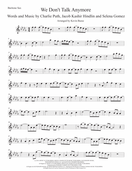 We Dont Talk Anymore Original Key Bari Sax Sheet Music