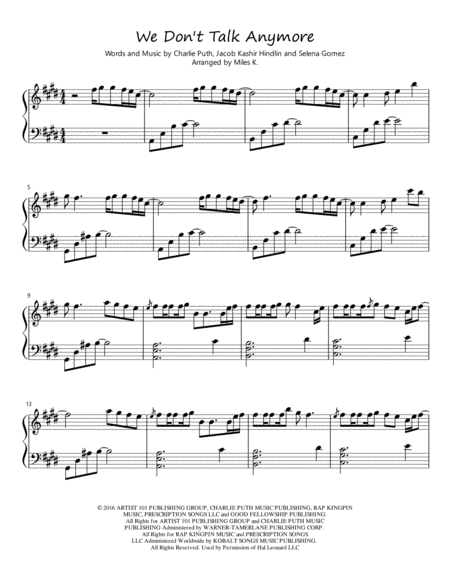 We Dont Talk Anymore Piano Solo Sheet Music