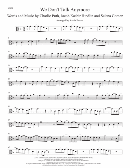 We Dont Talk Anymore Viola Sheet Music