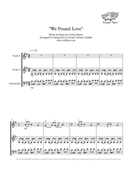 We Found Love String Trio 2 Violins Cello Calvin Harris Rihanna Arr Cellobat Recording Available Sheet Music