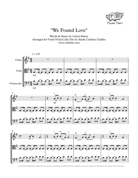 We Found Love String Trio Violin Viola Cello Calvin Harris Rihanna Arr Cellobat Sheet Music