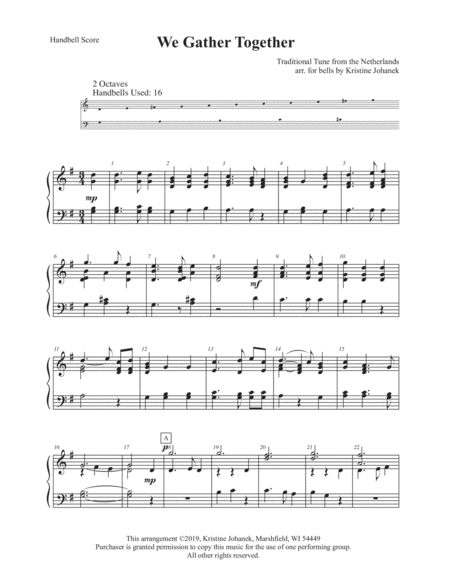 We Gather Together 2 Octave Handbells Tone Chimes Or Hand Chimes Reproducible Sheet Music