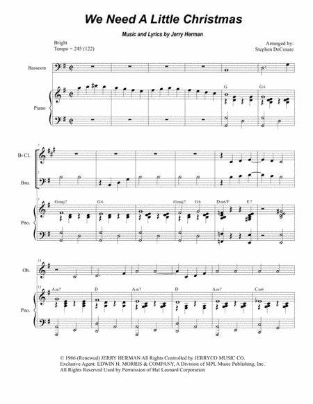 Free Sheet Music We Need A Little Christmas For Woodwind Quartet