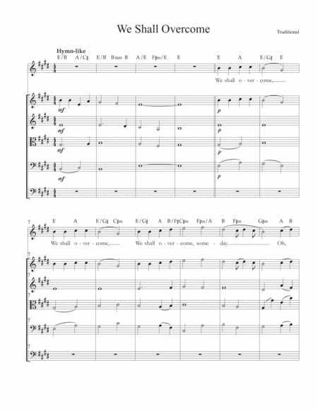 Free Sheet Music We Shall Overcome For Voice String Quartet Guitar Bass Guitar And Drums