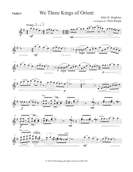 We Three Kings Of Orient Violin I Part Sheet Music