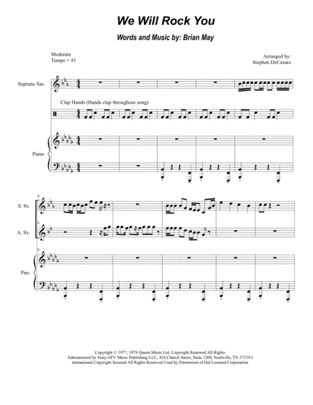 We Will Rock You Duet For Soprano And Alto Saxophone Sheet Music