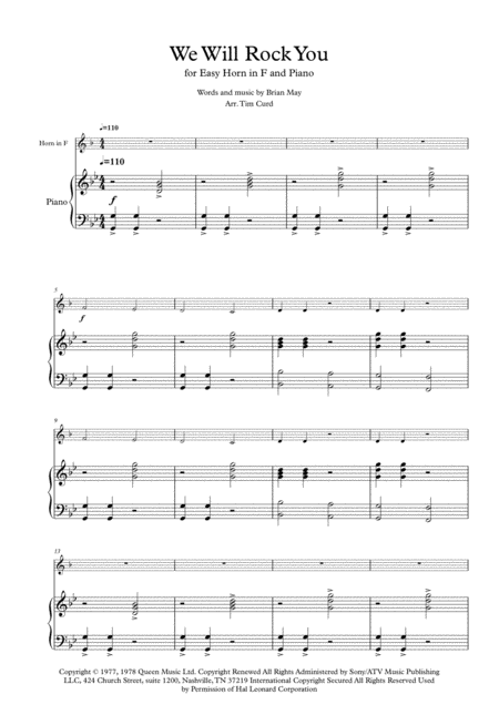 We Will Rock You For Solo Horn In F And Piano Sheet Music