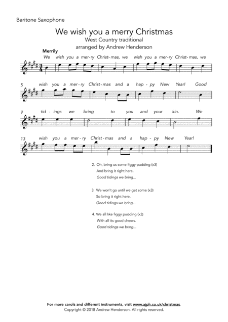 We Wish You A Merry Christmas Easy Bari Sax Easy Piano Sheet Music