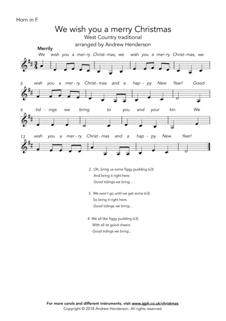 We Wish You A Merry Christmas Easy Horn Easy Piano Sheet Music