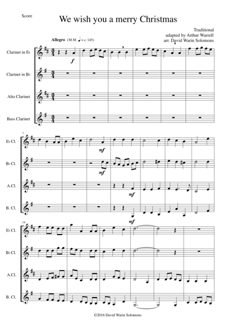 We Wish You A Merry Christmas For Clarinet Quartet E Flat B Flat Alto Bass Sheet Music