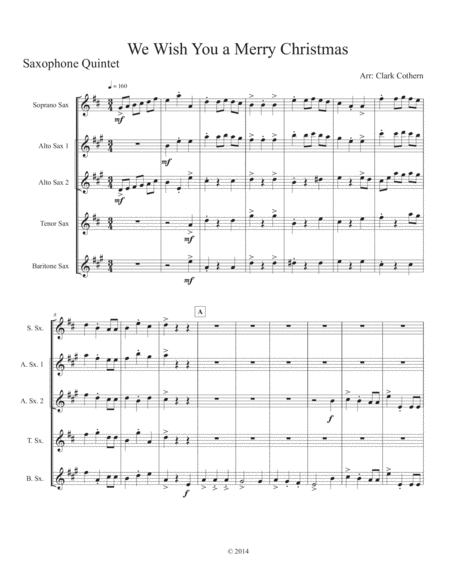 We Wish You A Merry Christmas Saxophone Quintet Sheet Music