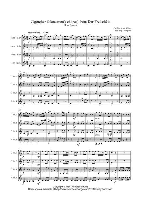 Free Sheet Music Weber Jgerchor Huntsmens Chorus From Der Freischtz For Horn Quartet Optional Tuba