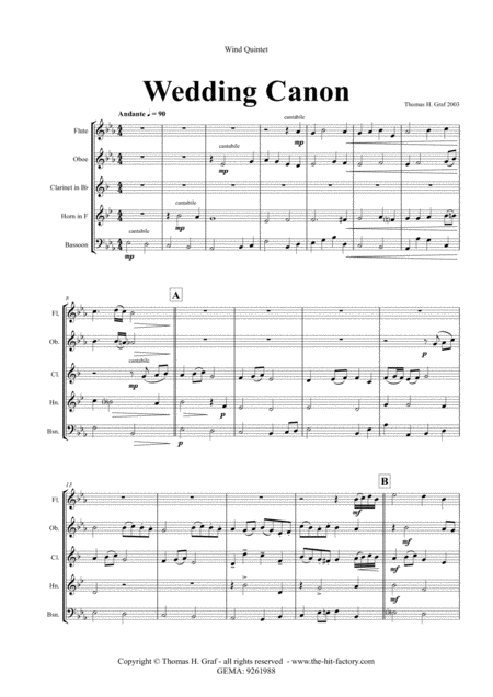 Wedding Canon Festive Concert Piece Wind Quintet Sheet Music