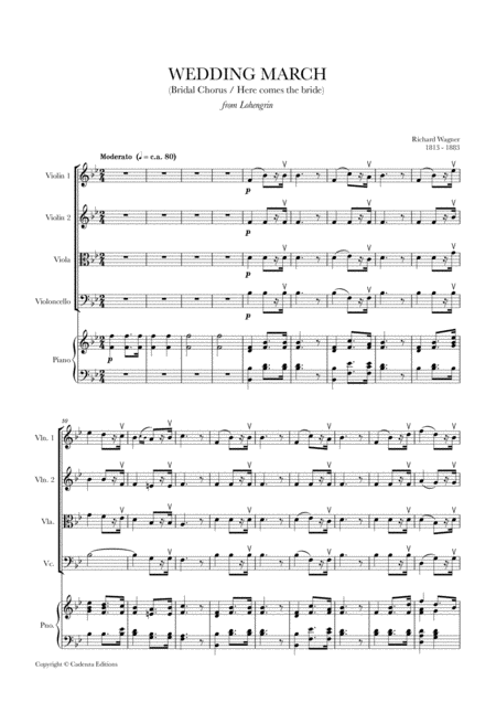 Wedding March Bridal Chorus Here Comes The Bride For Piano And String Quartet Sheet Music