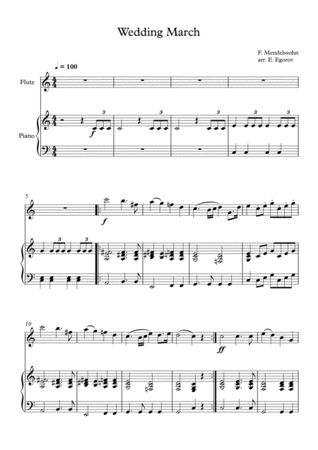 Wedding March Felix Bartholdy Mendelssohn For Flute Piano Sheet Music