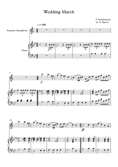 Wedding March Felix Bartholdy Mendelssohn For Soprano Saxophone Piano Sheet Music