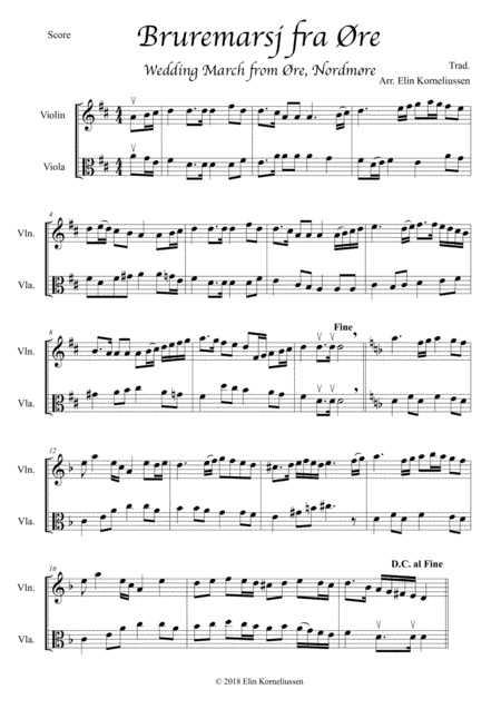 Wedding March From Re Traditional Tune From Norway For Violin And Viola Sheet Music