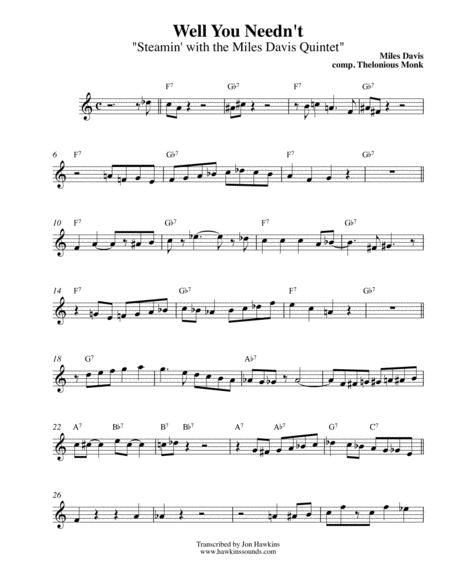 Well You Neednt Its Over Now Miles Davis Solo Steamin With The Miles Davis Quintet Sheet Music