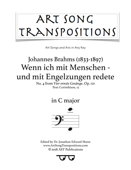 Free Sheet Music Wenn Ich Mit Menschen Und Mit Engelzungen Redete Op 121 No 4 C Major Bass Clef