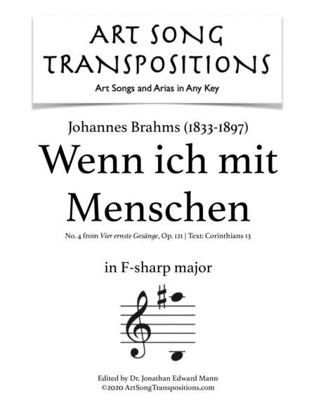 Free Sheet Music Wenn Ich Mit Menschen Und Mit Engelzungen Redete Op 121 No 4 Transposed To F Sharp Major