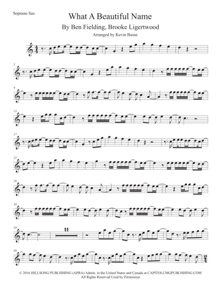 Free Sheet Music What A Beautiful Name Soprano Sax Easy Key Of C