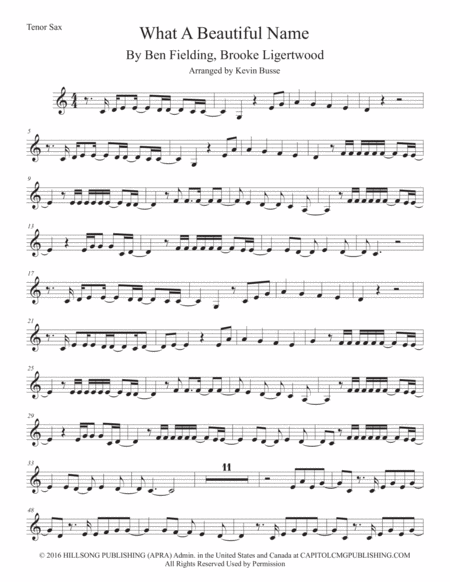 Free Sheet Music What A Beautiful Name Tenor Sax Easy Key Of C