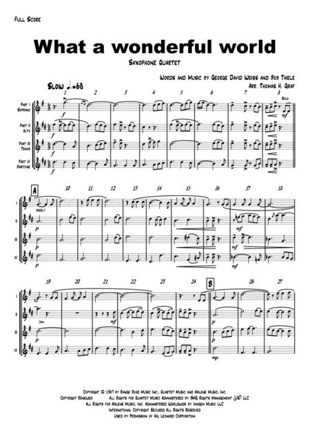 What A Wonderful World Louis Armstrong Saxophone Quartet Sheet Music