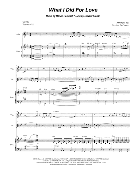 Free Sheet Music What I Did For Love Duet For Violin And Viola Alternate Version