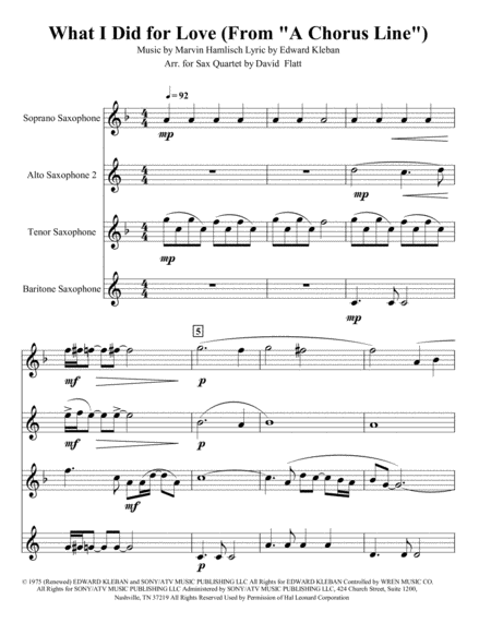 Free Sheet Music What I Did For Love For Satb Sax Quartet