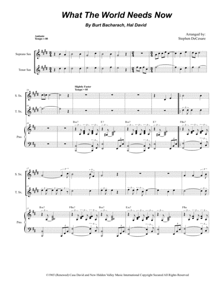 What The World Needs Now Is Love Duet For Soprano Tenor Saxophone Sheet Music