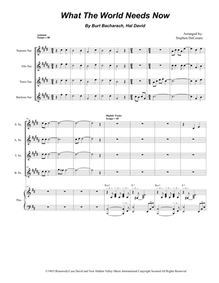 What The World Needs Now Is Love For Saxophone Quartet And Piano Sheet Music