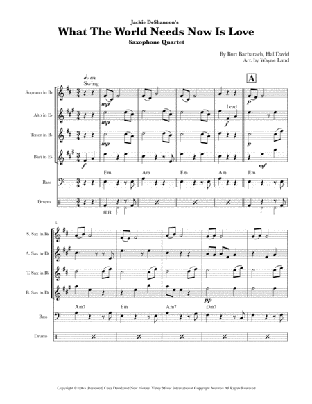 What The World Needs Now Is Love Sax Quartet Sheet Music