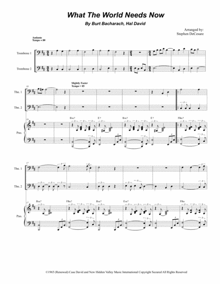 Free Sheet Music What The World Needs Now Is Love Trombone Duet