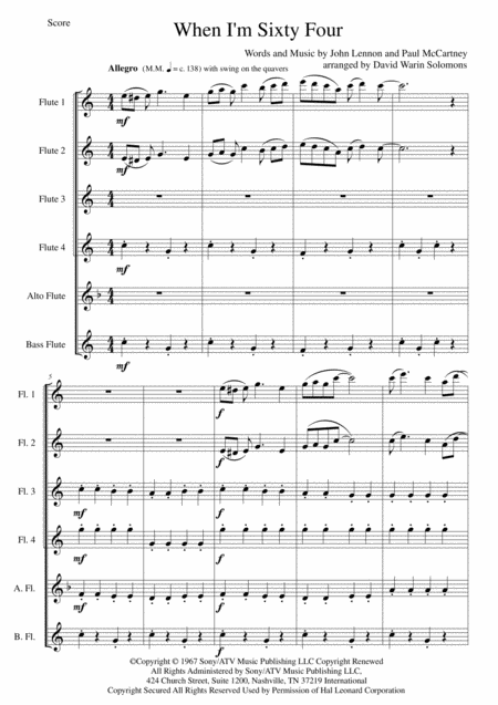 Free Sheet Music When I M Sixty Four For Flute Sextet Or Flute Choir