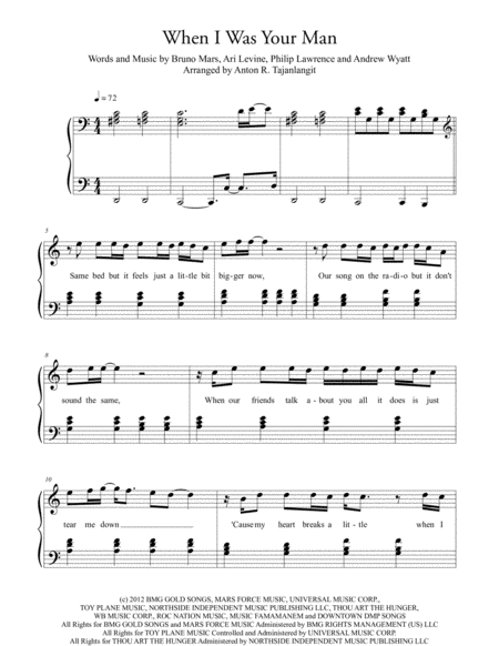 When I Was Your Man Bruno Mars Sheet Music