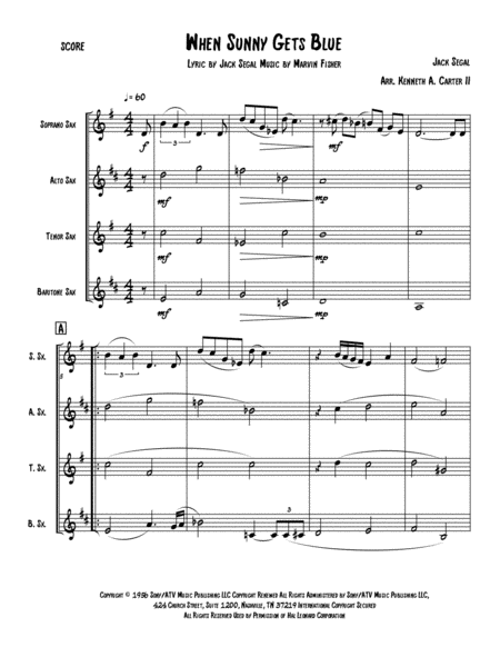 Free Sheet Music When Sunny Gets Blue For Saxophone Quartet