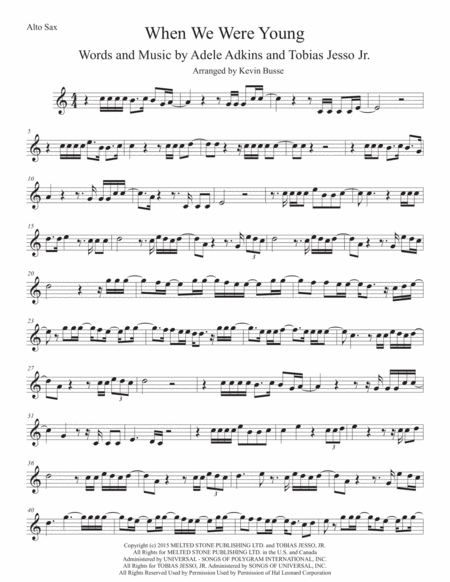 Free Sheet Music When We Were Young Alto Sax Original Key