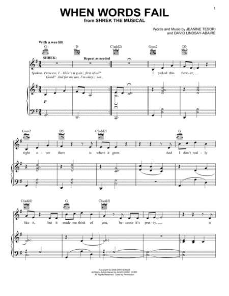 When Words Fail From Shrek The Musical Sheet Music