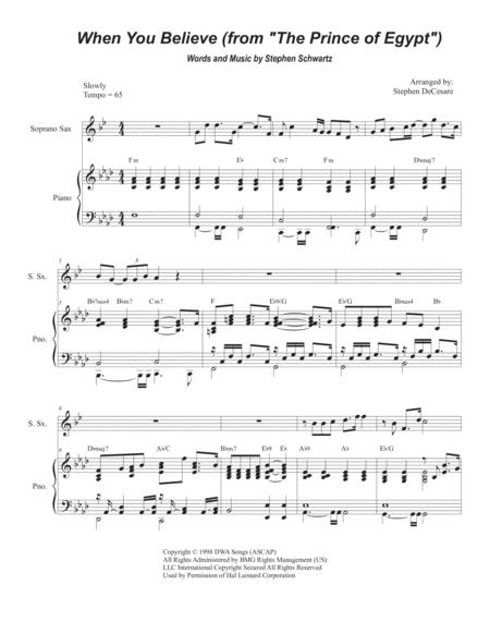 Free Sheet Music When You Believe For Soprano Saxophone And Piano